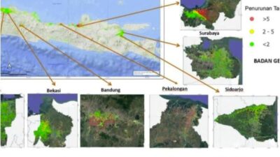 penurunan muka tanah, amblasan tanah, penurunan tanah di Jawa, eksploitasi air tanah, banjir rob