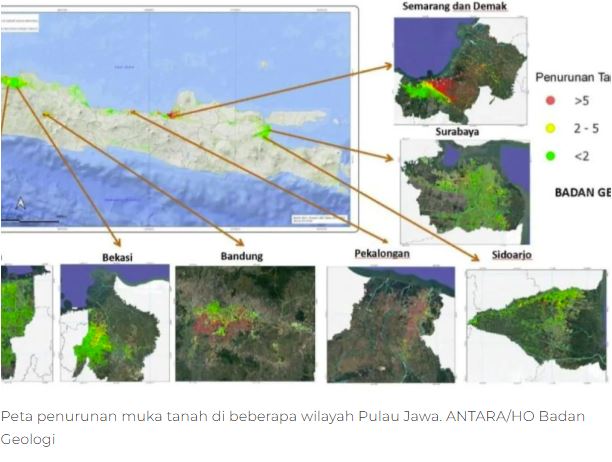 penurunan muka tanah, amblasan tanah, penurunan tanah di Jawa, eksploitasi air tanah, banjir rob